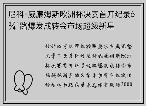 尼科·威廉姆斯欧洲杯决赛首开纪录边路爆发成转会市场超级新星