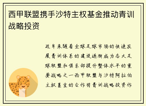 西甲联盟携手沙特主权基金推动青训战略投资