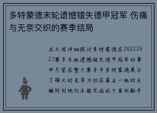 多特蒙德末轮遗憾错失德甲冠军 伤痛与无奈交织的赛季结局
